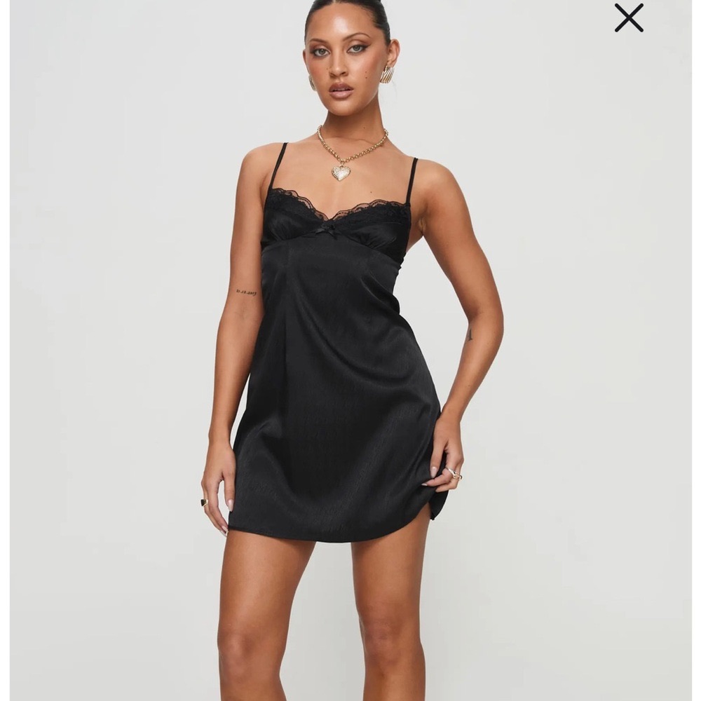 Princess Polly Dale Minidress Black Satin Mini With Lace Is Size 8